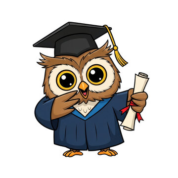 Cute owl wearing a graduation cap and holding a diploma isolated on transparent background
