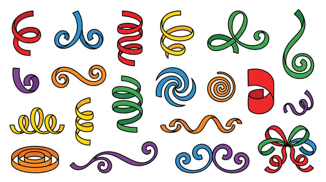 Colorful Curled Gift Ribbons and Festive Party Streamers Sticker Set
