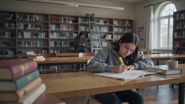 Teen student highlights notes while studying in a library