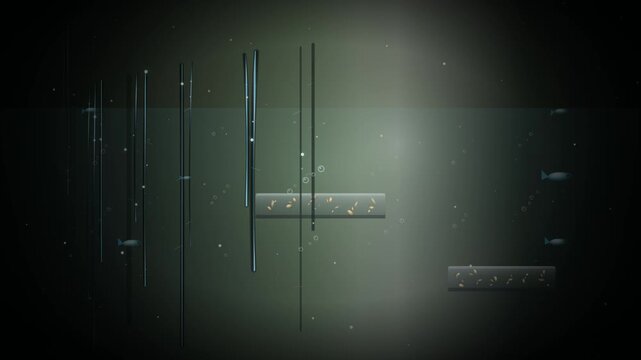 Vibrant Graphic Animation Illustrates A Sustainable Aquaculture System With Fish Swimming And Plants Growing In A Dark Environment