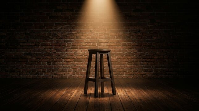 A wooden stool sits on a stage illuminated by a spotlight against a brick wall.