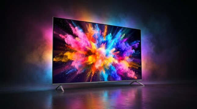 Sleek minimalist flat screen TV showing an abstract colorful smoke explosion on a black background.