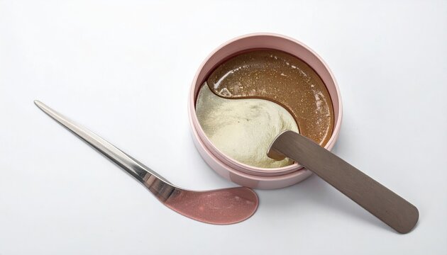 Hydrogel eye patches with spatula on white background