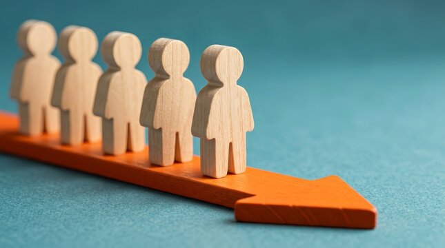 A line of wooden people figures on an orange arrow pointing down to symbolize poor business strategy.