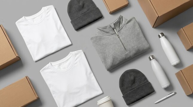 Business branding merchandise mockup with blank apparel, boxes, cup, and water bottle on gray background.