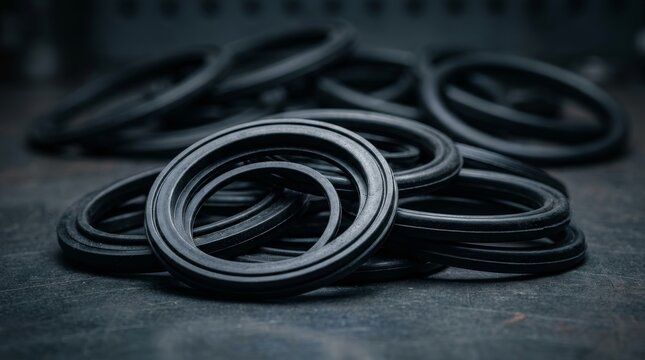 Precise machine parts made of black rubber used for industrial maintenance and car manufacturing.