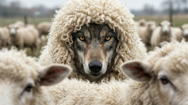 Conceptual image of a wild wolf hiding in a flock of domestic sheep.