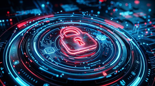 Cyber security and data protection concept with a digital padlock and glowing circuits.