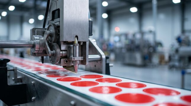 Precision device applies adhesive onto custom red circular labels during industrial production.