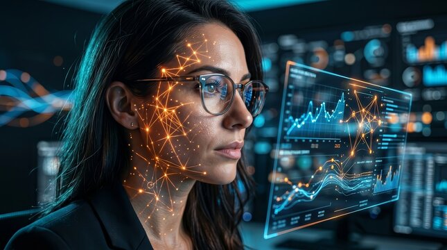 Future tech concept of a businesswoman studying digital data and glowing network patterns on her face.