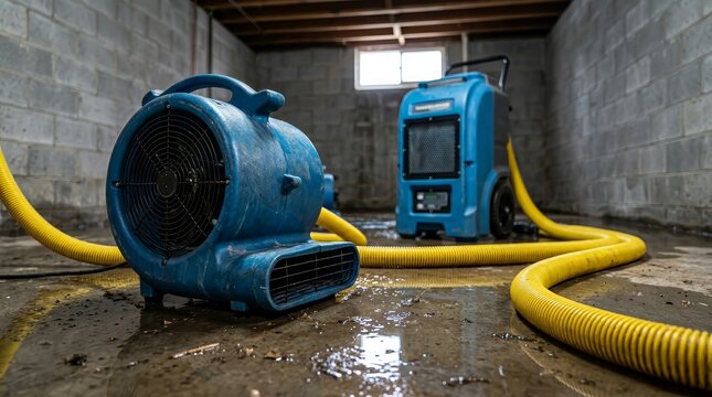 Water damage restoration equipment used for flood cleanup process indoors.