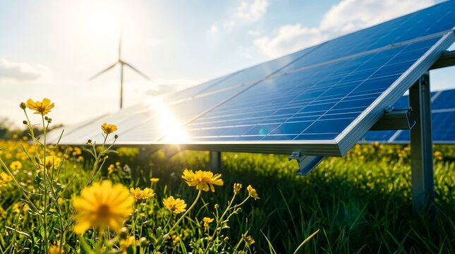 Sustainable energy production with solar panels and a wind turbine in a flower field.