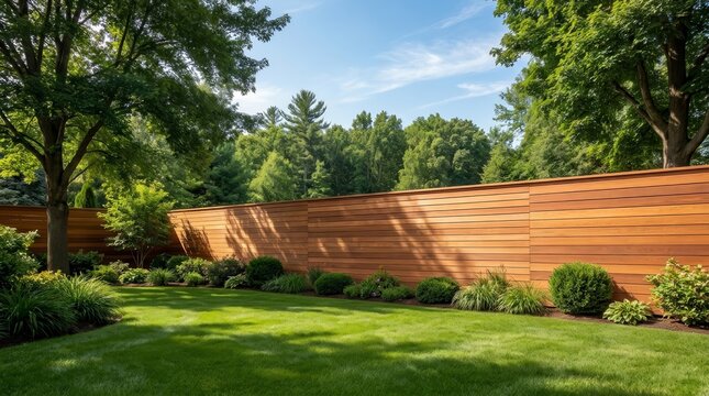 Lush garden beds and shade trees create a peaceful outdoor space behind a wooden privacy fence.