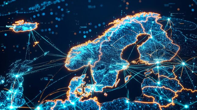 Northern Europe lights up with interconnected nodes and lines in an abstract blue and orange tech concept.