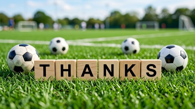 Soccer balls and wooden tiles spelling THANKS on a football pitch.