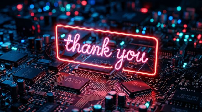 Modern thank you concept featuring red and blue lights on a tech background.