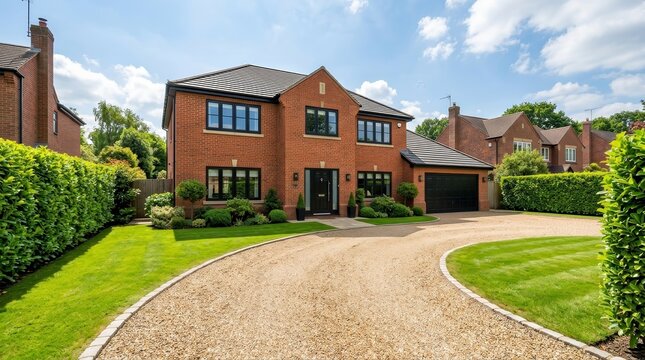Modern red brick home with black windows and garage on a gravel driveway.