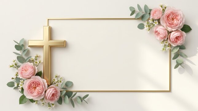 Religious sympathy template featuring a golden cross and delicate rose floral frame on calm background.