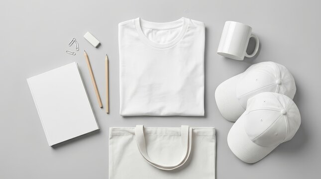 Clean white promotional products for advertising and design featuring a t-shirt, tote bag, and stationery.