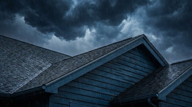 Dark storm clouds gather over a residential roof during a heavy rainstorm.