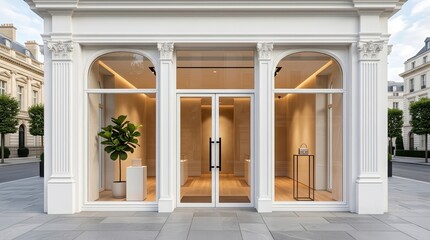 Obraz premium Minimalist boutique interior with plants and decor visible through arched windows.