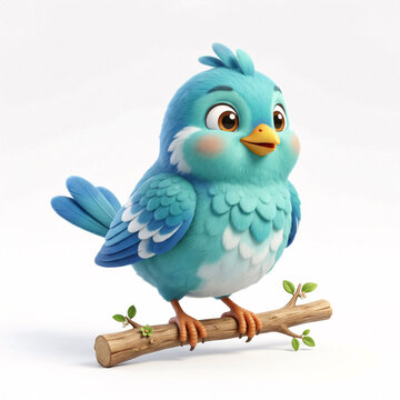 Petit oiseau bleu souriant pos&eacute; sur une branche en illustration 3D