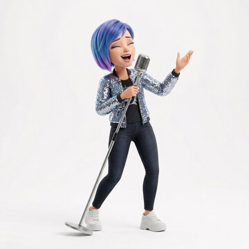 Chanteuse aux cheveux bleus interpr&eacute;tant une chanson au microphone en illustration 3D
