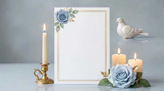 Memorial paper design featuring a dove, blue roses, and an ornate candle holder.