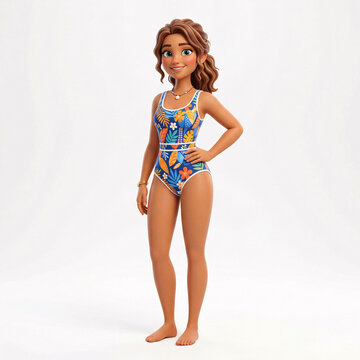 Femme souriante en maillot de bain une pi&egrave;ce &agrave; motifs tropicaux en illustration 3D