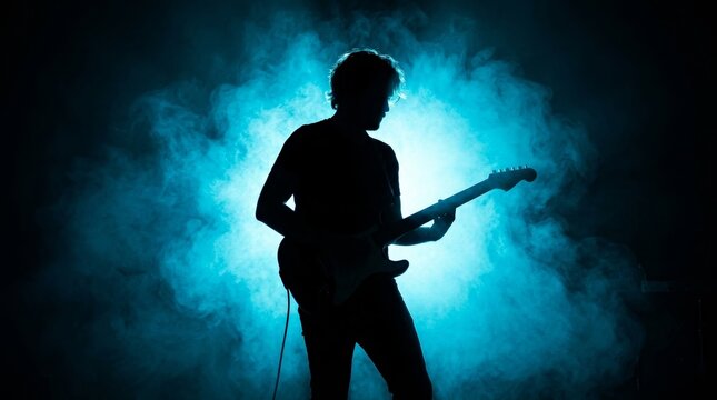 Atmospheric concert performance featuring a musician silhouette with an electric guitar.