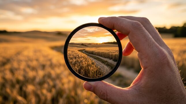 Strategic planning and long term vision represented by a lens focusing on a distant pathway through wheat at sunset.