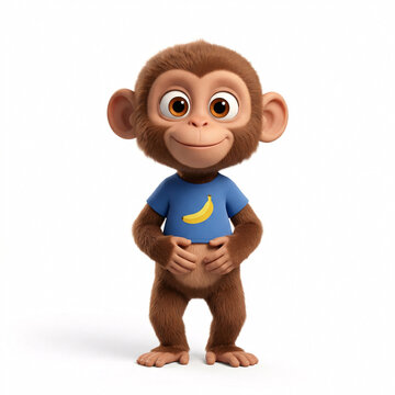Petit singe souriant portant un t-shirt avec une banane en illustration 3D