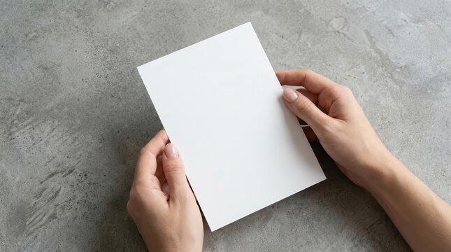 Person presenting an empty A5 card template mockup for custom content and announcements.