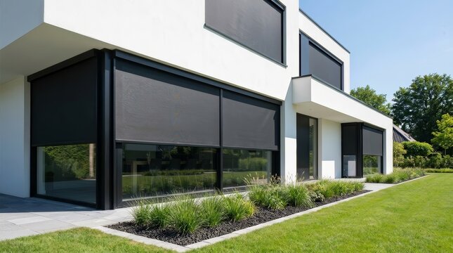 Minimalist white facade home with dark exterior roller blinds for sun protection.