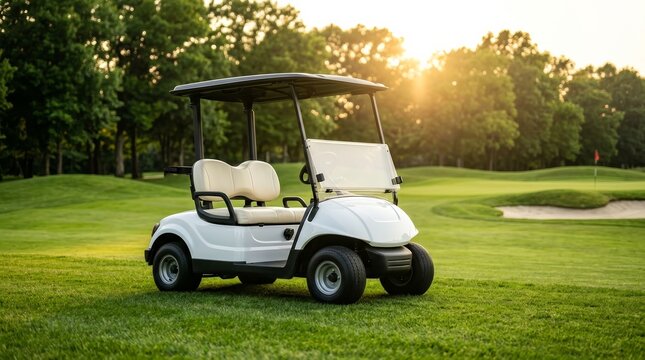 Empty golf buggy waiting on a luxurious grass field at a club resort.