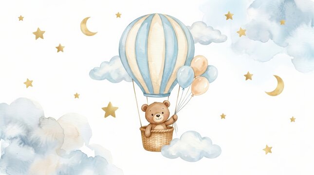 Adorable watercolor illustration of a teddy bear in a hot air balloon with moon and stars.