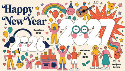 Fototapeta premium Happy New Year 2027: Festive Characters & Countdown Celebration with Music and Balloons