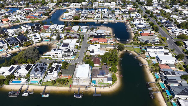 Aerial View of Luxury Waterfront Homes and Canals in Broadbeach