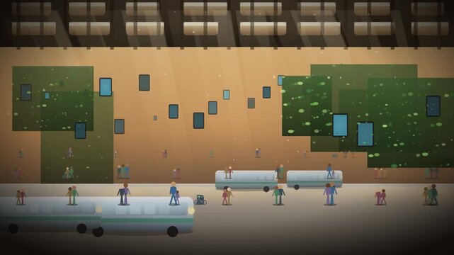 Animated Illustration Of A Bustling Sustainable Transportation Hub With People And Buses