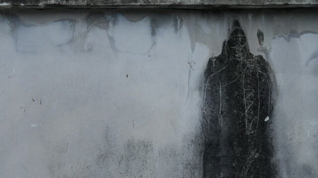 Weathered Concrete Wall Faint Chalk Drawn Human Figure Outline Mold Stain buddha Silhouette Urban Street Art Grunge Background