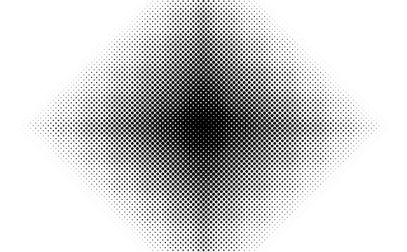 Monochrome halftone diamond gradient pattern background with radial dot halftone effect for modern abstract graphic vector design

