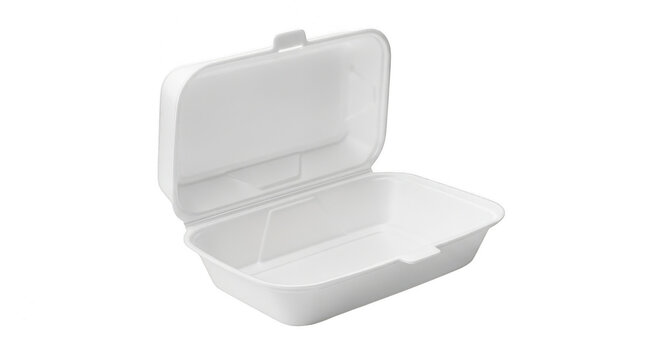 Open empty white foam food container for takeaway isolated on transparent background
