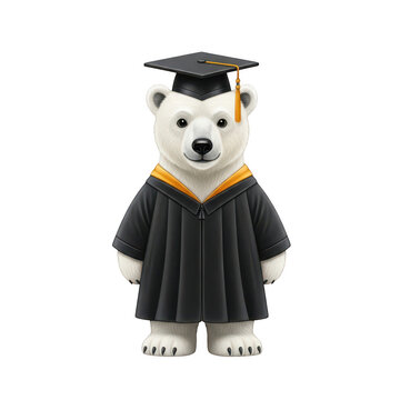Cute polar bear wearing a graduation cap and gown isolated on transparent background