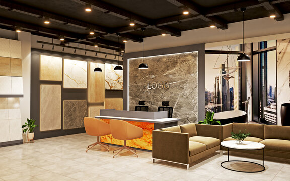 Modern showroom interior featuring a professional reception desk with stone backsplash and comfortable lounge seating area for retail customers