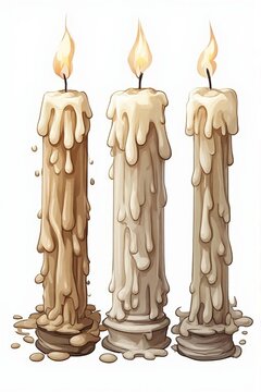 Three Burning White Taper Candles with Dripping Wax in Stone Candle Holders Set Isolated