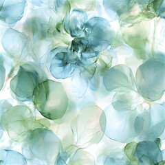 Fototapeta premium Translucent overlapping petals in soft blue and green hues create delicate, airy floral pattern with calming, ethereal feel