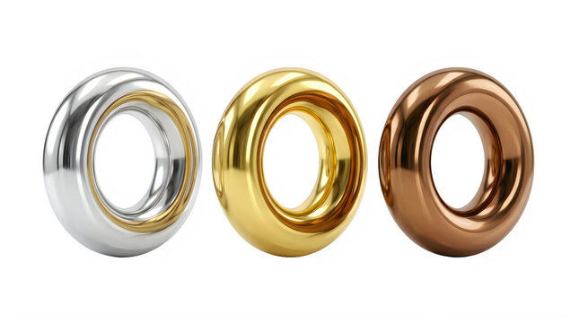Three Metallic Ring Shapes in Gold Silver and Bronze Colors Isolated View transparent background
