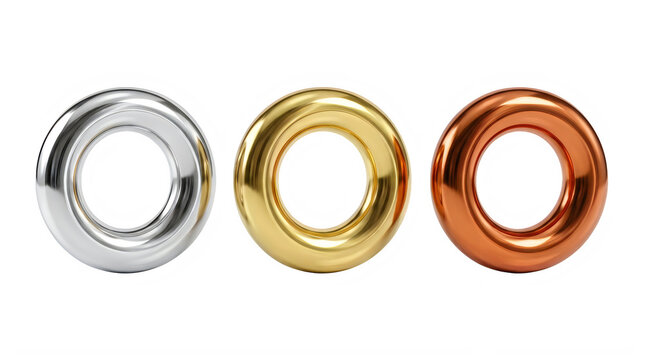 Three metallic ring shapes in silver gold and copper colors isolated transparent background