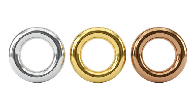 Three metallic ring washers in silver gold and copper colors isolated transparent background
