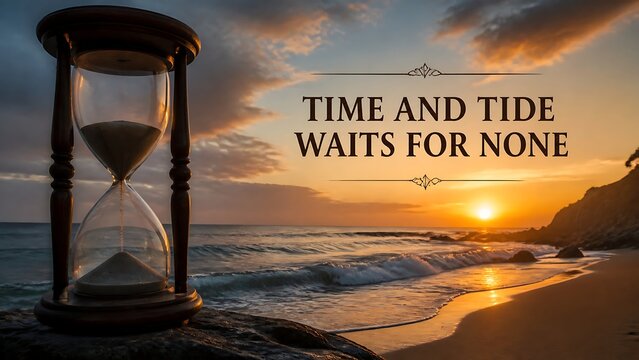Time and tide waits for none conceptual hourglass on ocean beach shore at golden hour sunset sunrise